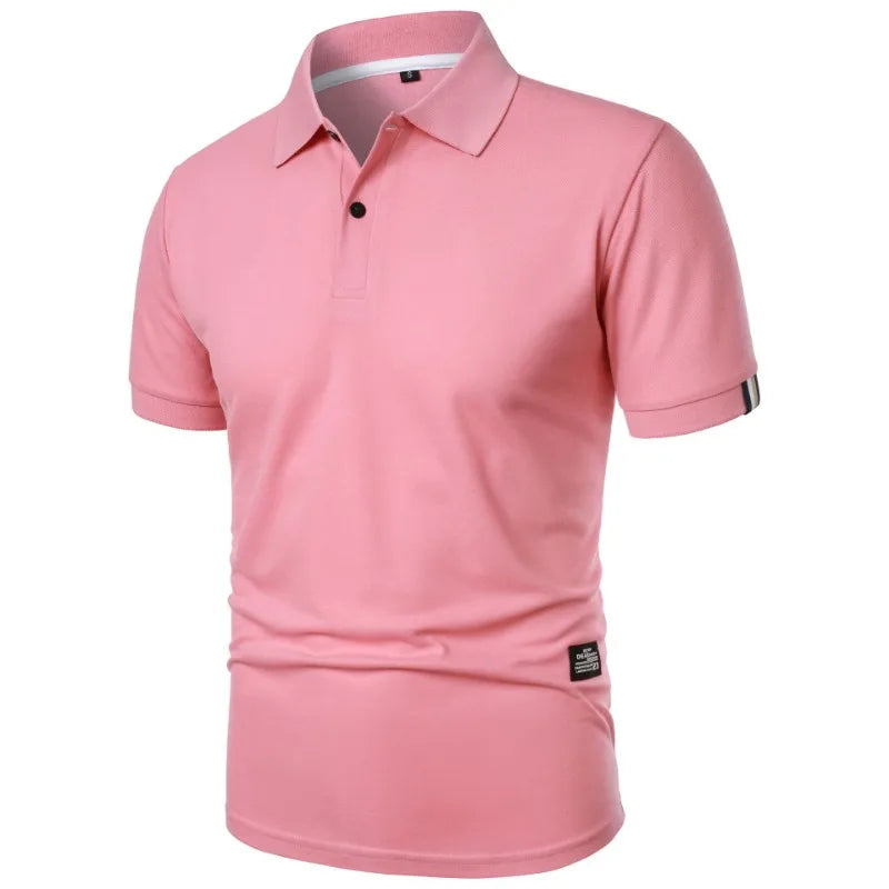 Nova camisa polo de cor sólida masculina, manga curta com botões, camisetas lapela leve streetwear, esporte casual tops