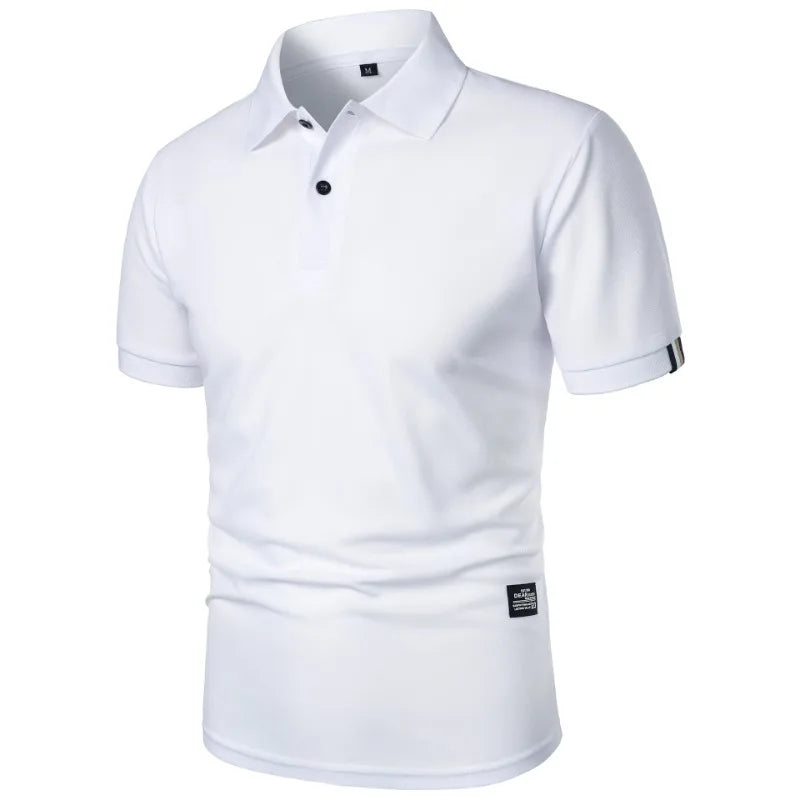 Nova camisa polo de cor sólida masculina, manga curta com botões, camisetas lapela leve streetwear, esporte casual tops