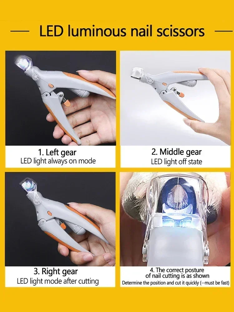 Cinta para cortador de unhas para animais de estimação com luz LED, vem com função de amplificação, ferramenta para aparar unhas de cães e gatos, suprimentos de limpeza para cuidados com animais de estimação