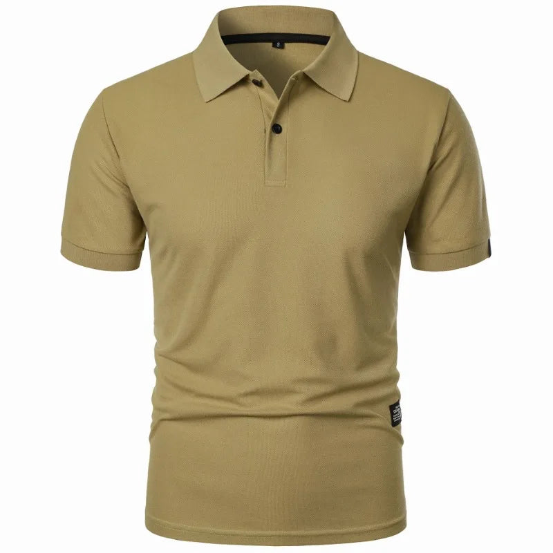 Nova camisa polo de cor sólida masculina, manga curta com botões, camisetas lapela leve streetwear, esporte casual tops