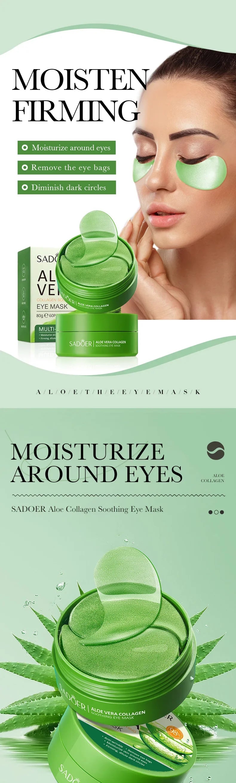 60 peças de máscara de colágeno de aloe vera, antiolheiras, bolsas para os olhos, hidratante, firmador, adesivos para os olhos, produtos para cuidados com a pele