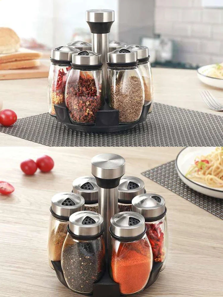 1/7 peças Conjunto de potes de especiarias. Organizador de vidro Giratório. Tempero, Açúcar, Pimenta, Rack de armazenamento de cozinha