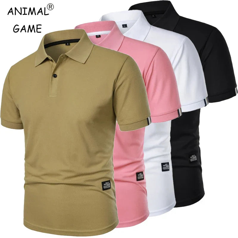 Nova camisa polo de cor sólida masculina, manga curta com botões, camisetas lapela leve streetwear, esporte casual tops