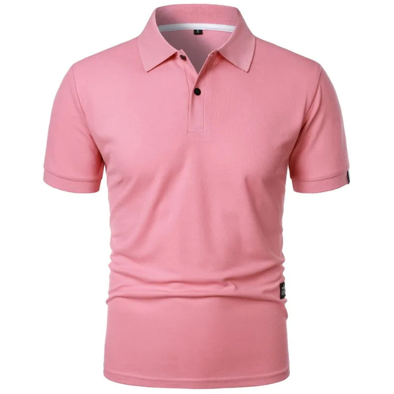 Nova camisa polo de cor sólida masculina, manga curta com botões, camisetas lapela leve streetwear, esporte casual tops