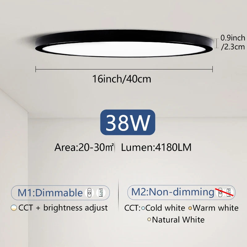 Lâmpada de teto ultrafina de 0,9 polegadas, Luz LED inteligente com Controle remoto e Aplicativo de escurecimento Bluetooth e WIFI, Eletrodomésticos Decoração de interiores