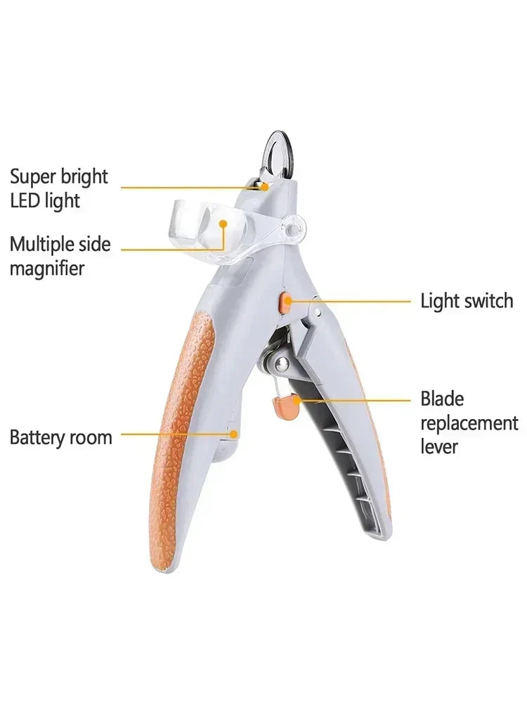 Cinta para cortador de unhas para animais de estimação com luz LED, vem com função de amplificação, ferramenta para aparar unhas de cães e gatos, suprimentos de limpeza para cuidados com animais de estimação